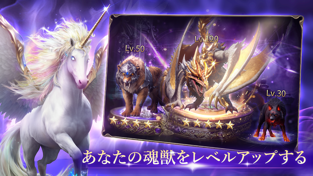 「あなたの魂獣をレベルアップする」ユニコーンやドラゴン、獣の魂獣を強化する紹介画面