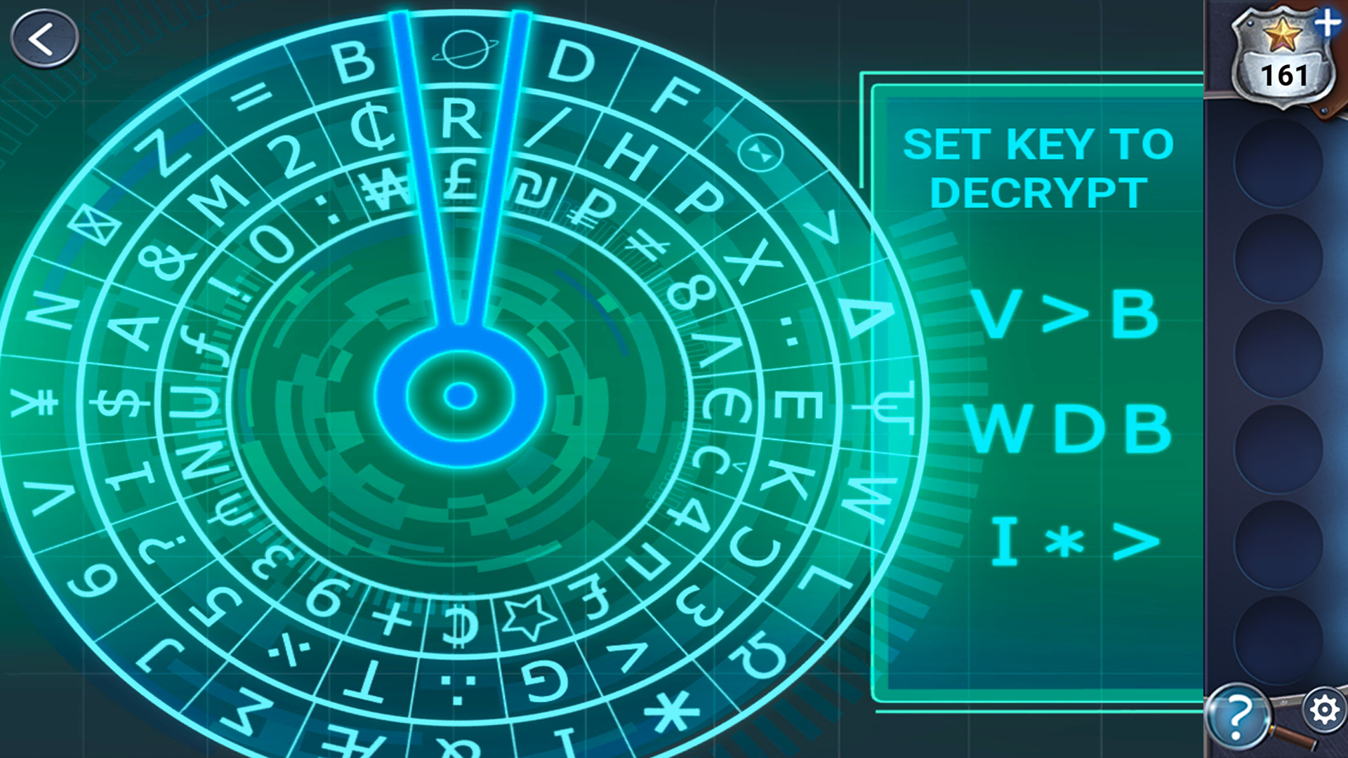 暗号の文字盤を操作して鍵を解読する「SET KEY TO DECRYPT」のパズル画面