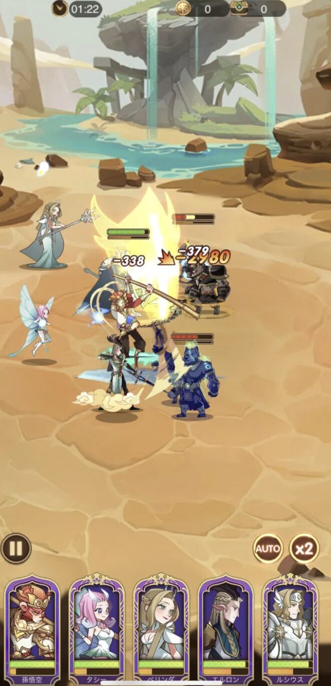 5人パーティでのオートバトル画面。HPバーとダメージ数値が表示されている