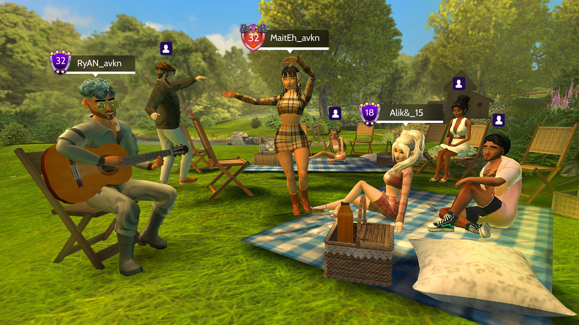 Avakin Lifeの公園ワールドで仲間とピクニックを楽しむアバターたち