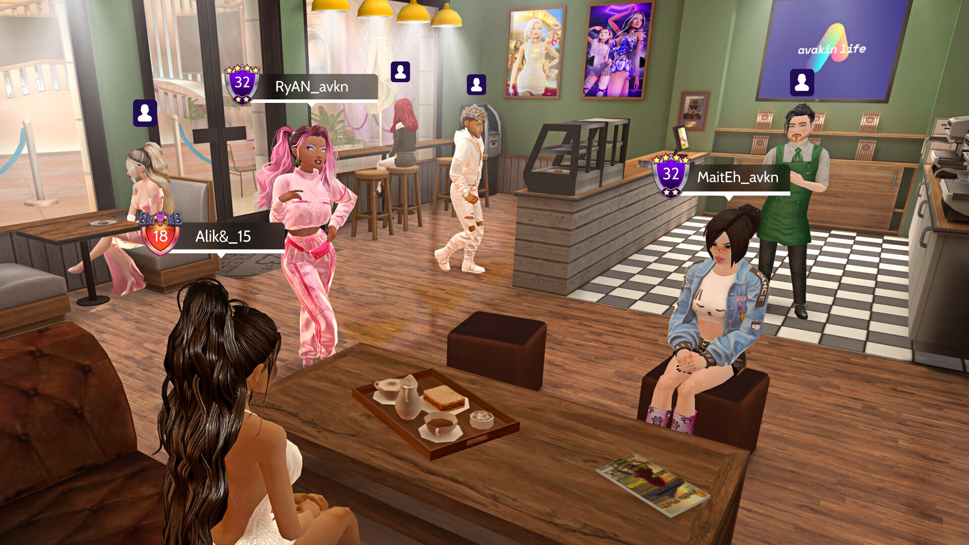 Avakin Life内のカフェスペースでくつろぐアバターたち