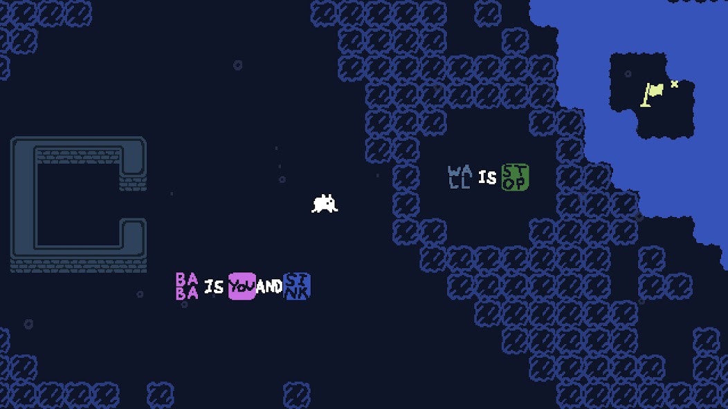 氷の海に浮かぶ小さな陸地に旗が置かれた、『BABA IS YOU AND SINK』のルールが表示されたステージ選択マップ画面