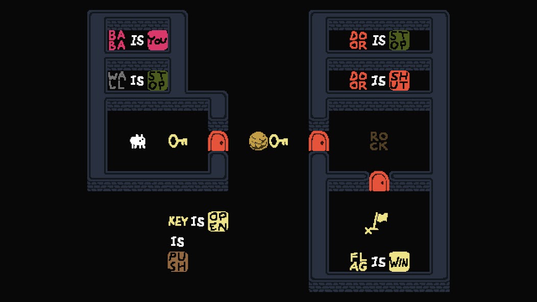 『DOOR IS STOP』『DOOR IS SHUT』『KEY IS OPEN』など複数のルールを使い、鍵と扉と岩で2つの部屋をつなぐパズルステージ画面