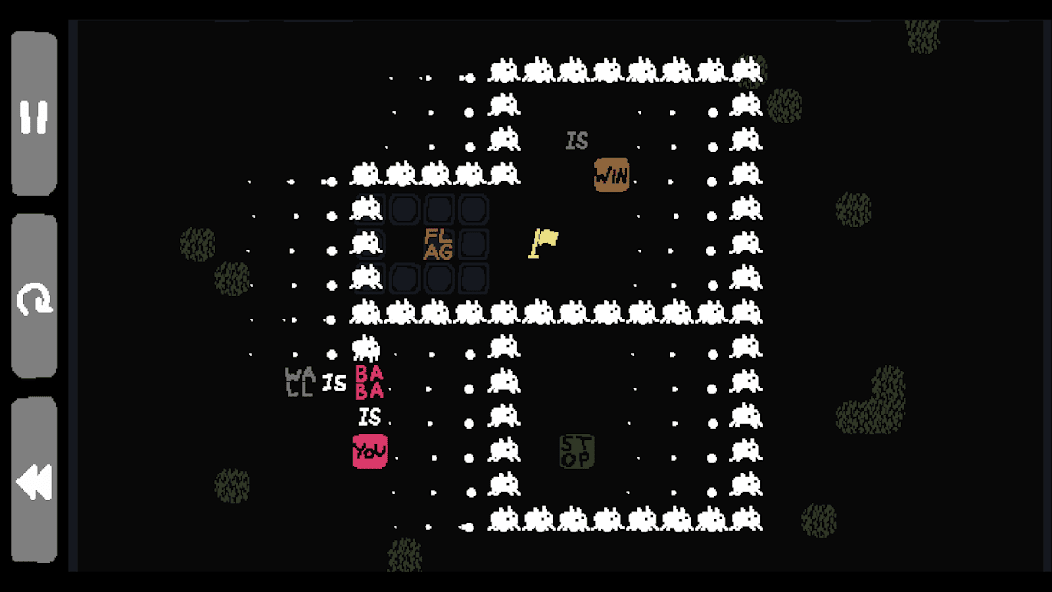 暗い背景に白いウサギ型キャラクターが大量に整列する中、『WALL IS BABA IS YOU』で壁を操作するステージ画面
