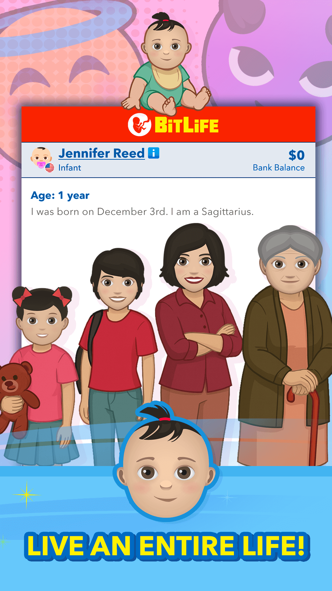BitLifeのロゴと赤ちゃんから老人まで人生の各段階のキャラクターが並ぶ訴求画像