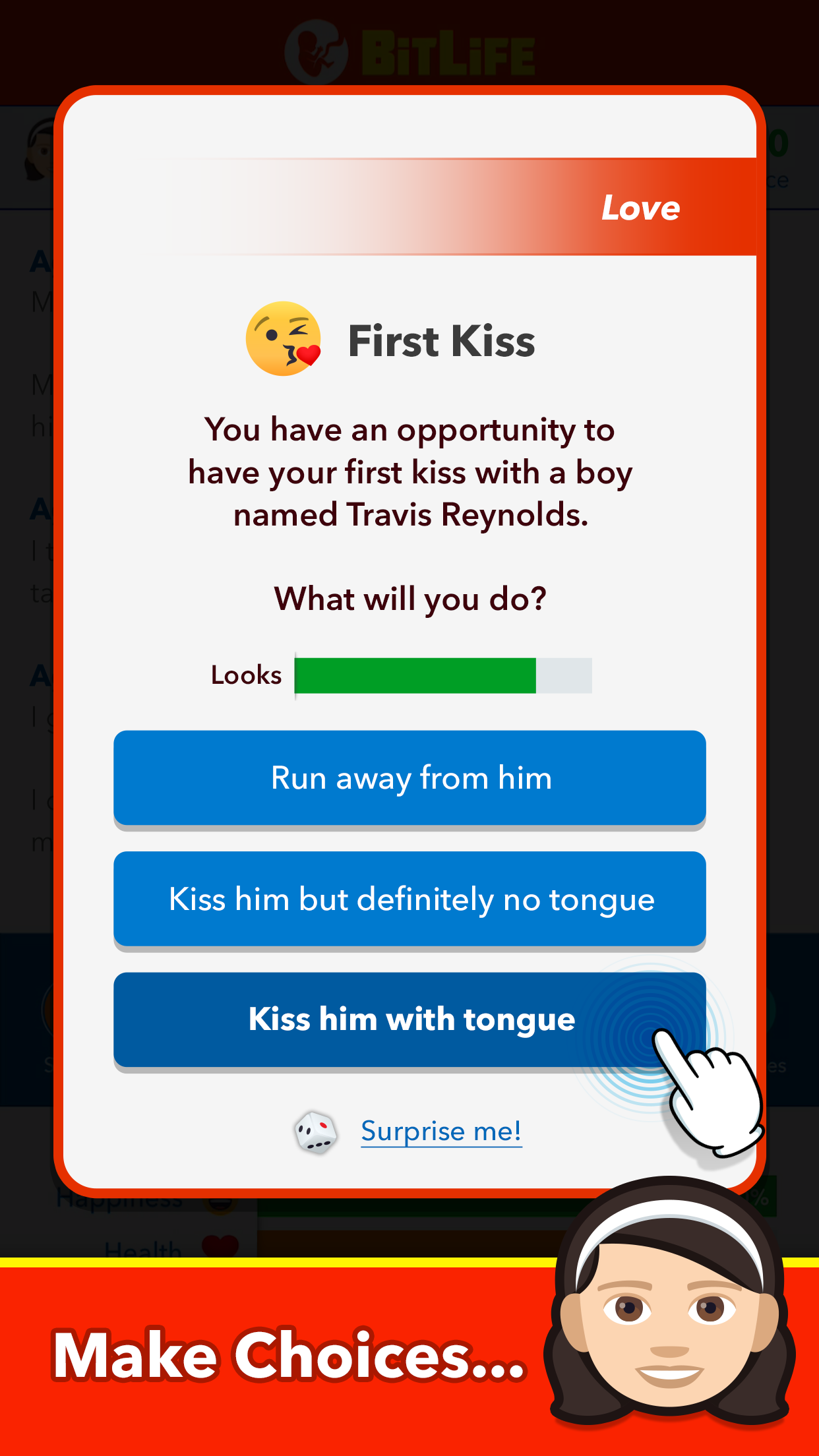 BitLifeの恋愛イベントで選択肢が表示される画面
