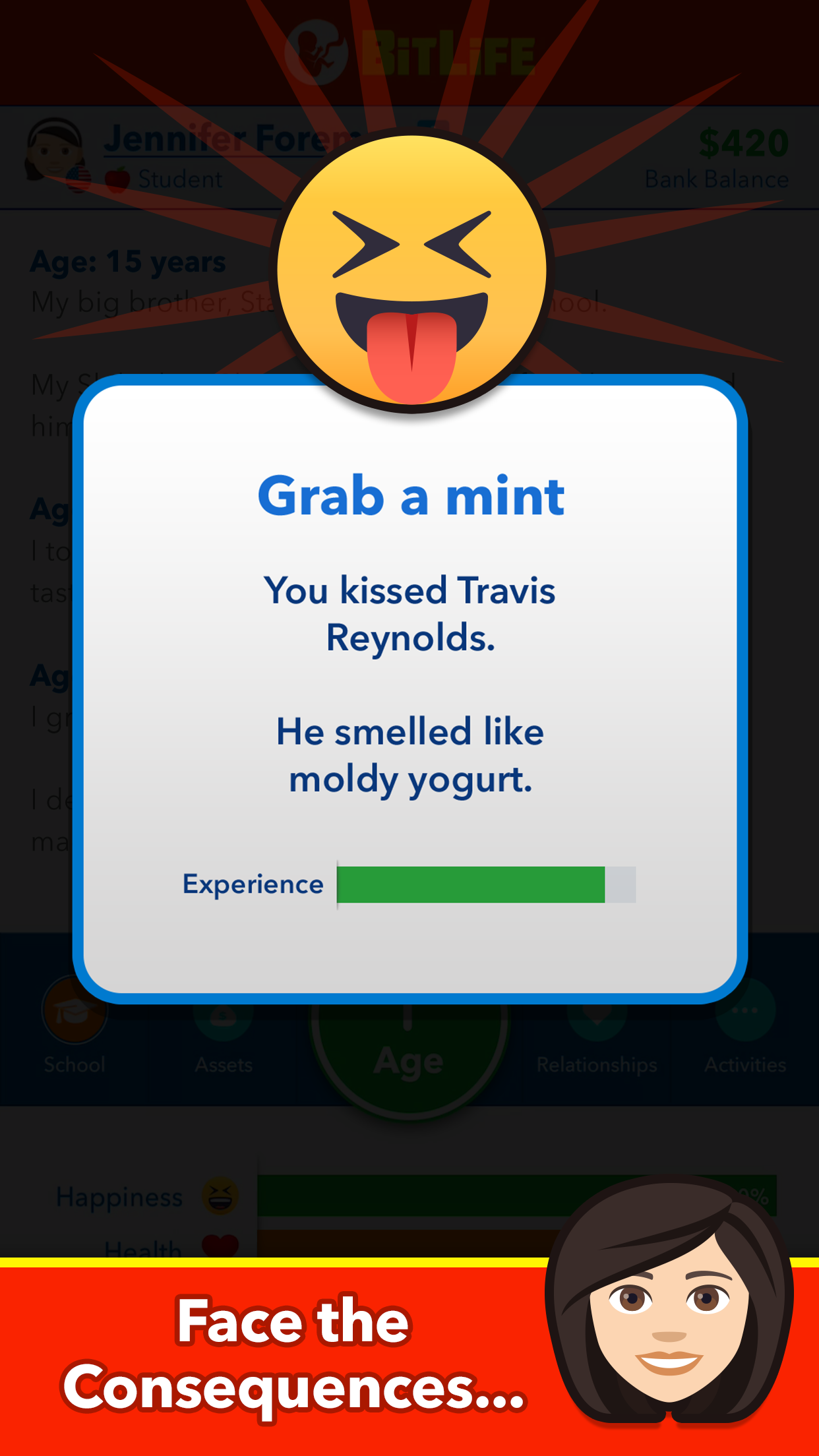 BitLifeで選択した結果がユーモラスな一文で表示される画面