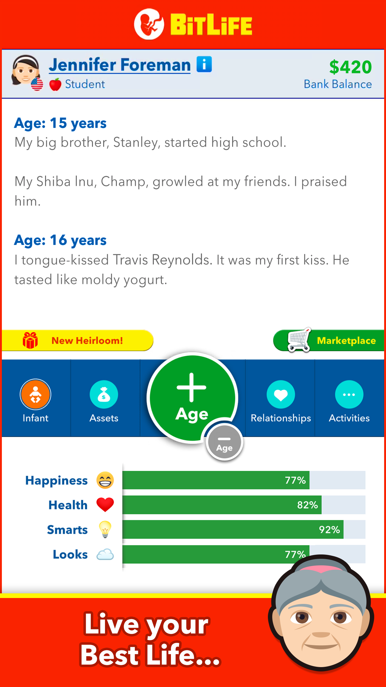 BitLifeのキャラクター詳細画面。年ごとの出来事とステータスバーが表示されている