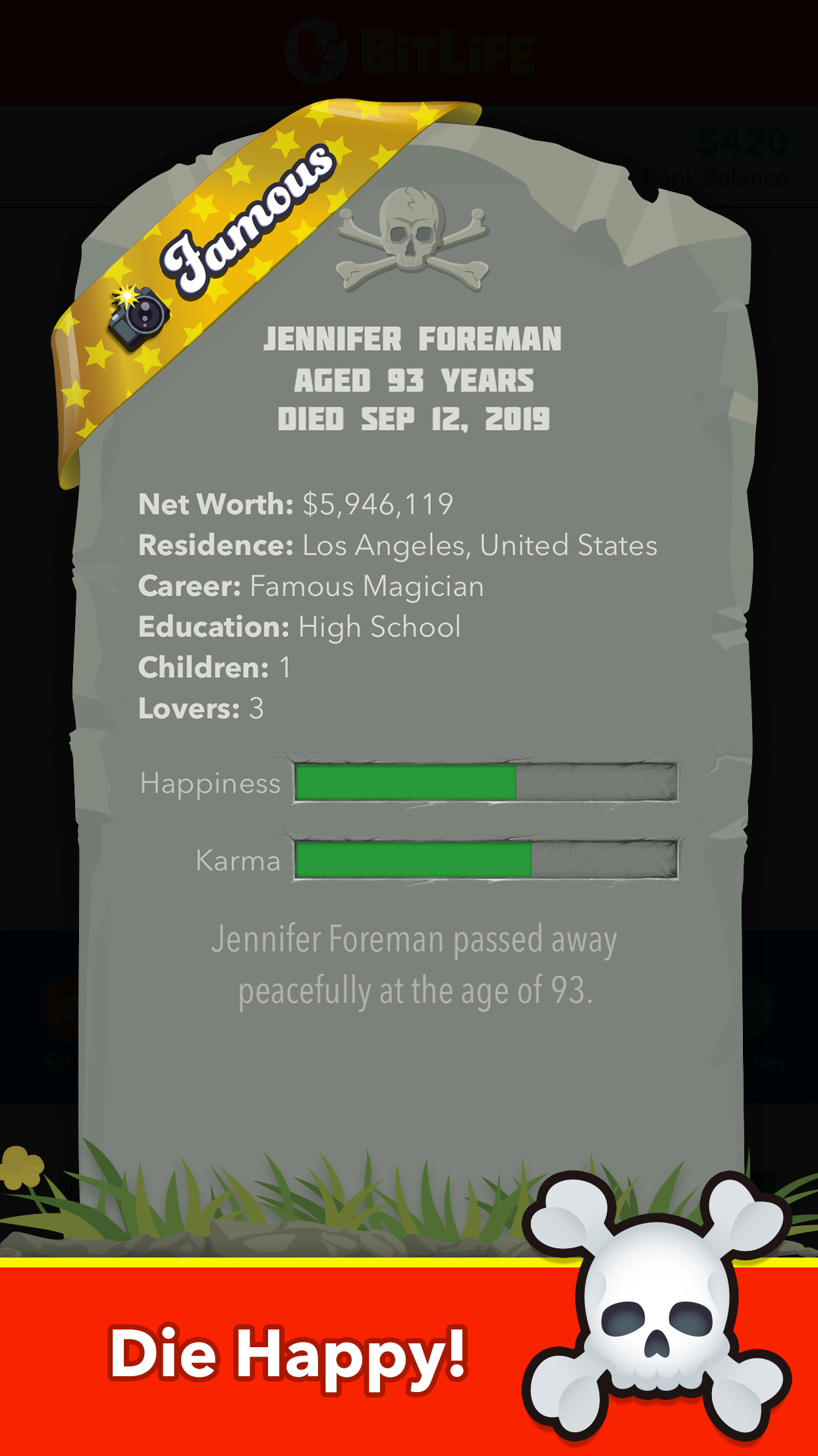 BitLifeでキャラクターが亡くなった時に表示される墓石の画面。純資産や経歴がまとまっている