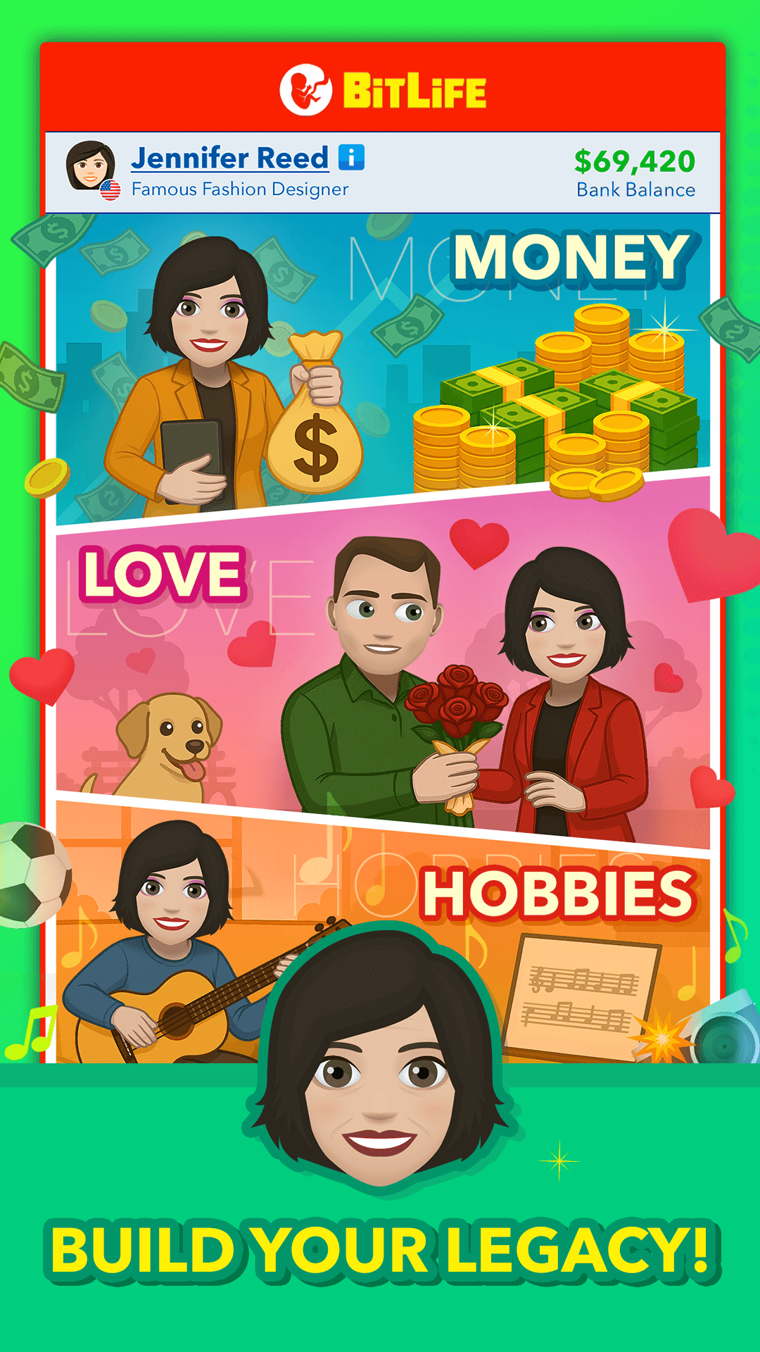 BitLifeのお金・恋愛・趣味の3要素を紹介する画像