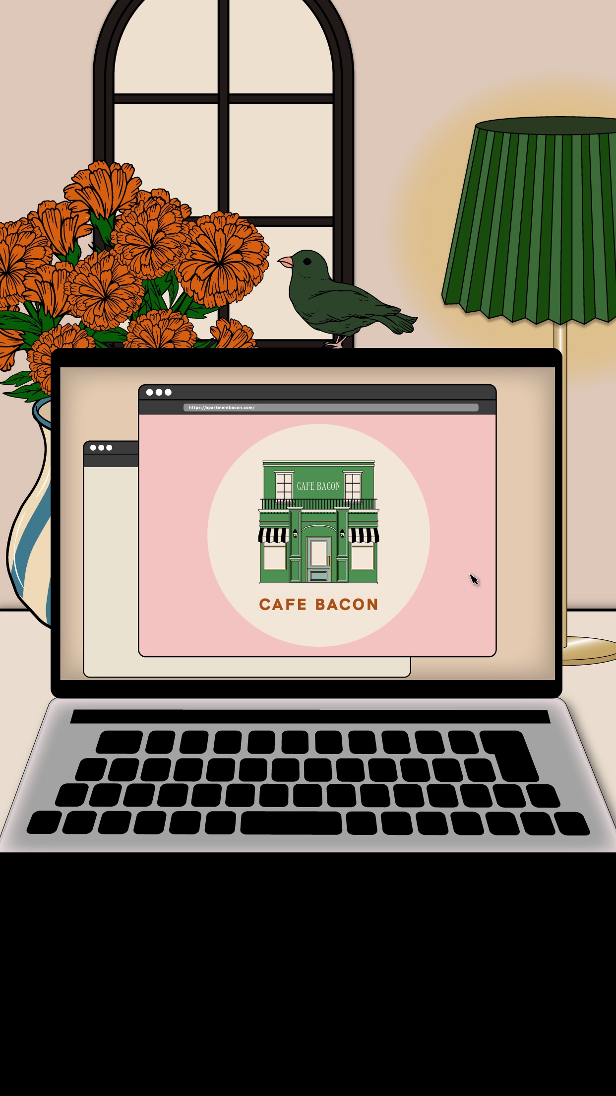 CAFE BACON店内、ピンクのソファと緑タイルのカウンターが並ぶおしゃれな待合スペース