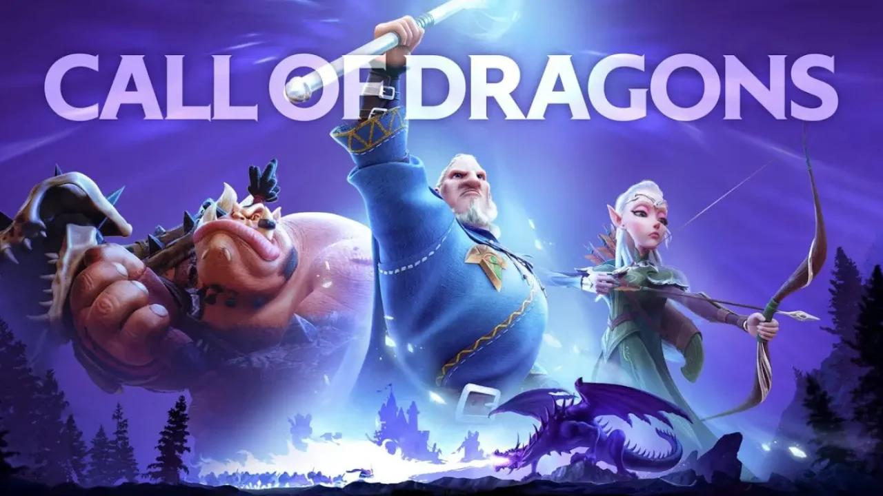 人間の魔法使い、エルフの弓使い、オーク、ドラゴンが並ぶコール オブ ドラゴンズのキーアート