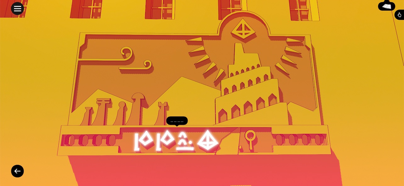 塔と輝く記号が刻まれた、オレンジ色の壁画をクローズアップしたゲーム画面
