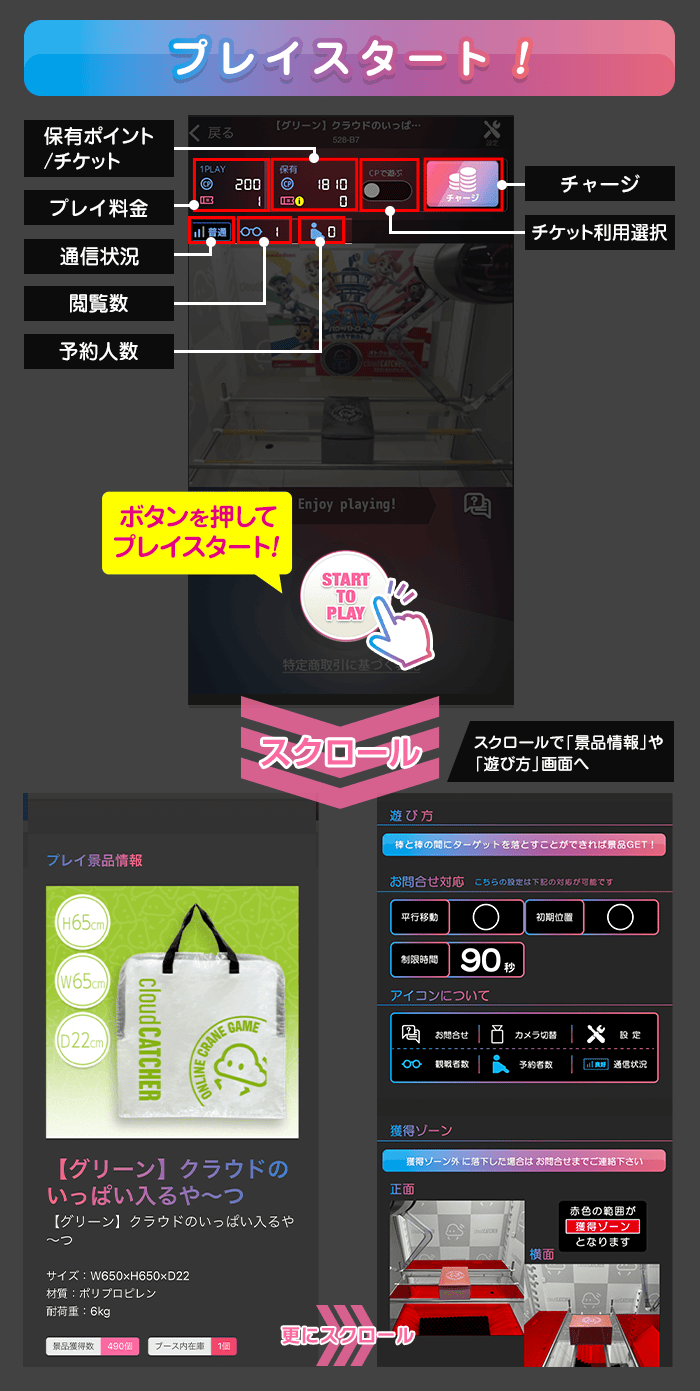 クラウドキャッチャーのプレイスタート画面。実機のクレーンゲーム映像とプレイ料金、チャージボタンが表示されている
