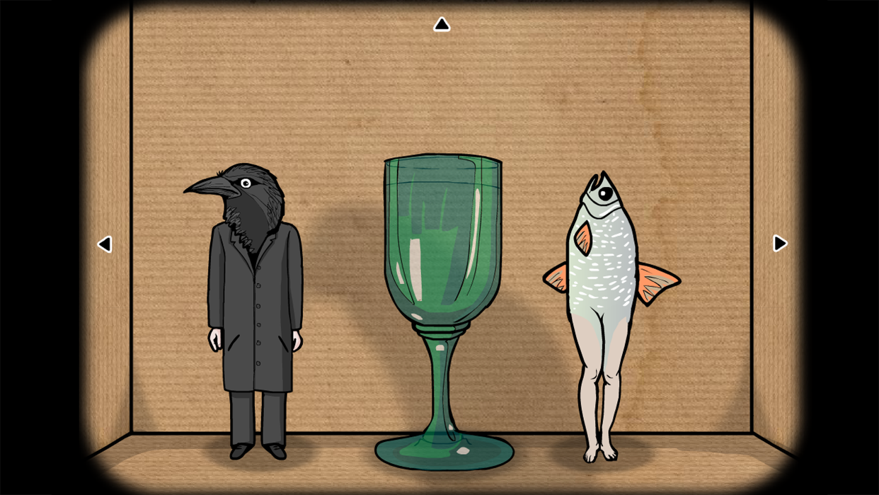 カラスの人物と魚の人物が並ぶ不気味な演出