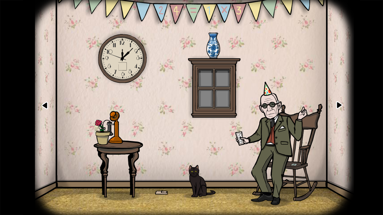 誕生日パーティーの老人と黒猫が描かれたシーン