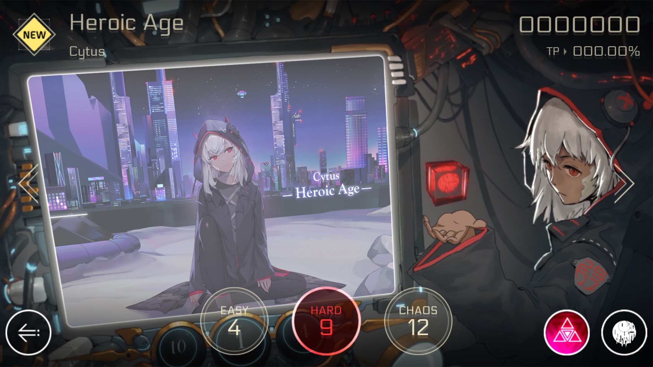 楽曲「Heroic Age」の難易度選択画面。EASY/HARD/CHAOSの3段階が並ぶ