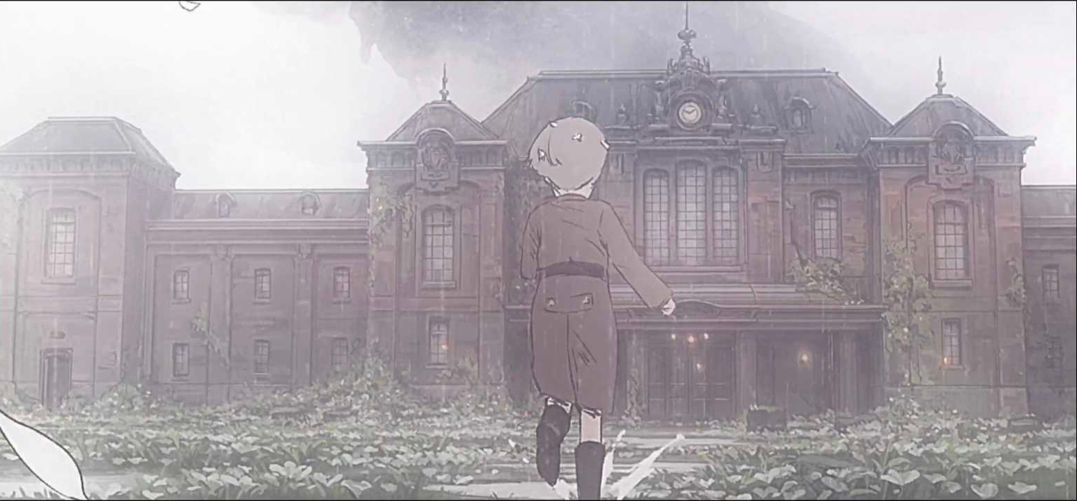 雨の降る中、洋館へ向かって走る少女エコーの後ろ姿