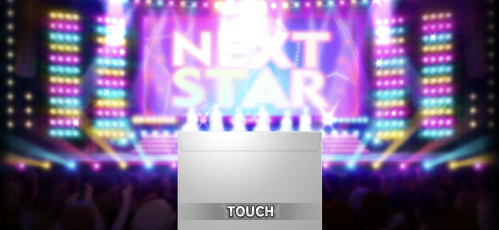 デレステのガシャ演出画面。ステージを背景にタップして開封する封筒が表示された画面
