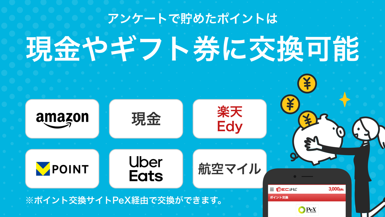 アンケートで貯めたポイントの交換先一覧画面。Amazon、現金、楽天Edy、Vポイント、Uber Eats、航空マイルなどが並んでいる