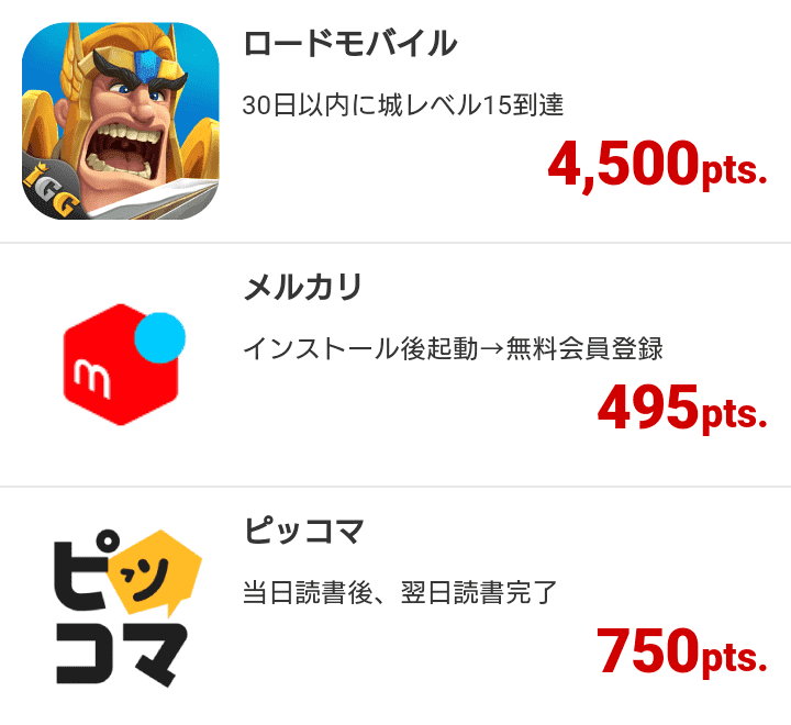 高単価案件の例を紹介する画面。ロードモバイルの城レベル到達で4,500ポイント、メルカリの無料会員登録で495ポイント、ピッコマの読書完了で750ポイントなどが並んでいる