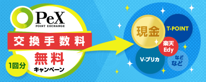 ポイント交換サイトPeXの交換手数料無料キャンペーンを案内する画像。現金やTポイント、楽天Edyなどへの交換手数料が1回分無料になると説明している