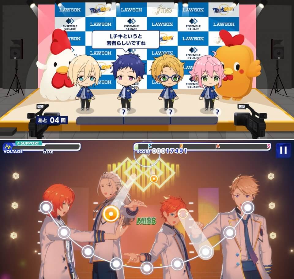 実店舗コラボのお仕事に参加するちびキャラと、リズムゲーム中にMISS判定が出た場面