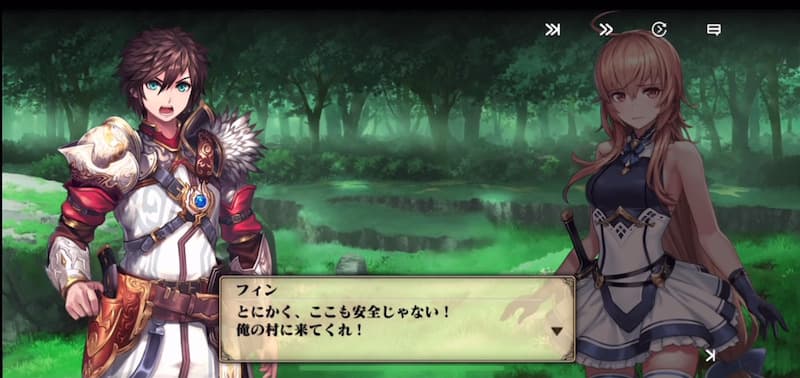 エバーテイルのストーリー会話シーン。森を背景に、主人公フィンとヒロインが向き合い、フィンが「とにかく、ここも安全じゃない！俺の村に来てくれ！」と話すビジュアルノベル形式の日本語会話画面。
