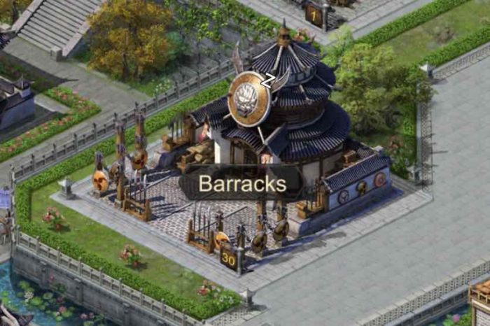 訓練場(Barracks)の建物が表示された、施設のゲーム画面