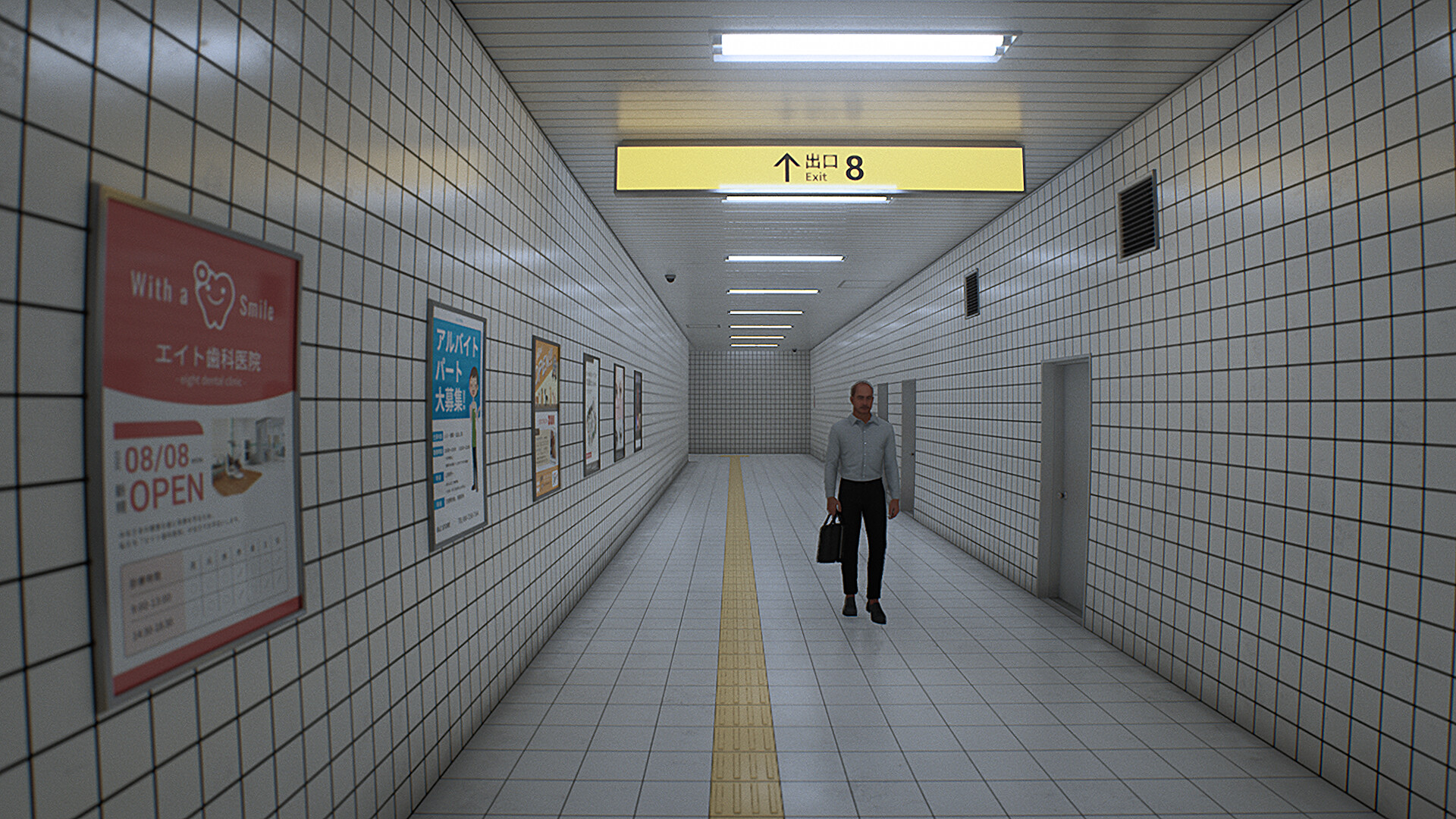 「出口8」の案内看板の下を一人歩くスーツ姿の男性、広めの通路