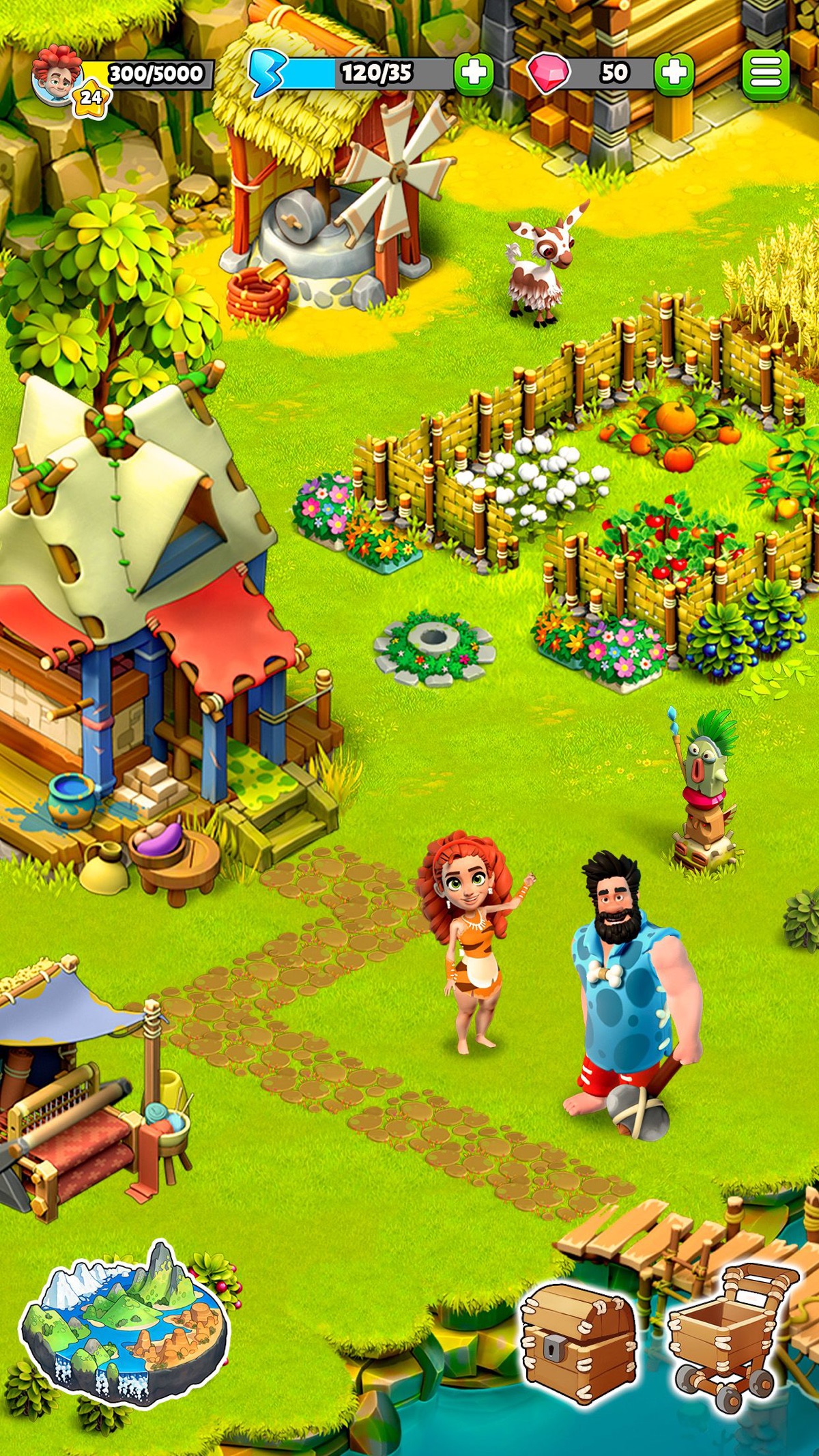 トーテム像や花壇が並ぶ庭で家族が集まっている日本語UI表示のゲーム画面