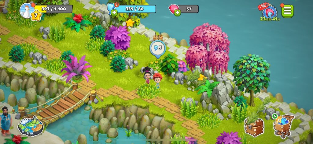 紫や赤の花で彩られた装飾ガーデンのゲーム画面