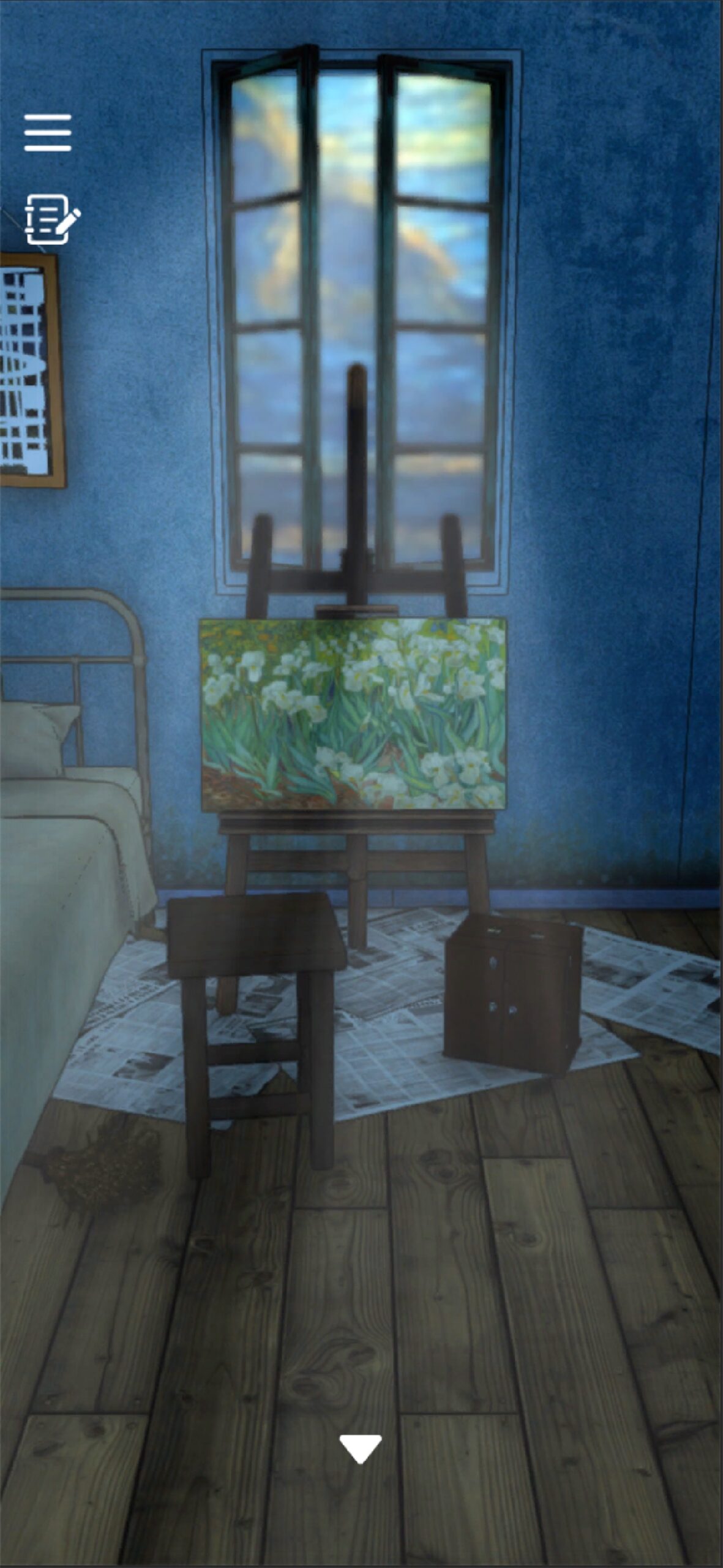 窓辺のイーゼルにアイリスの花を描いた絵が立てかけられているゲーム画面