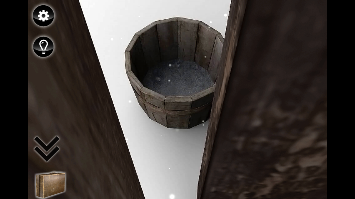 隙間から見える雪景色。外は雪が降っている、脱出ゲームRimeの世界観を表す一場面