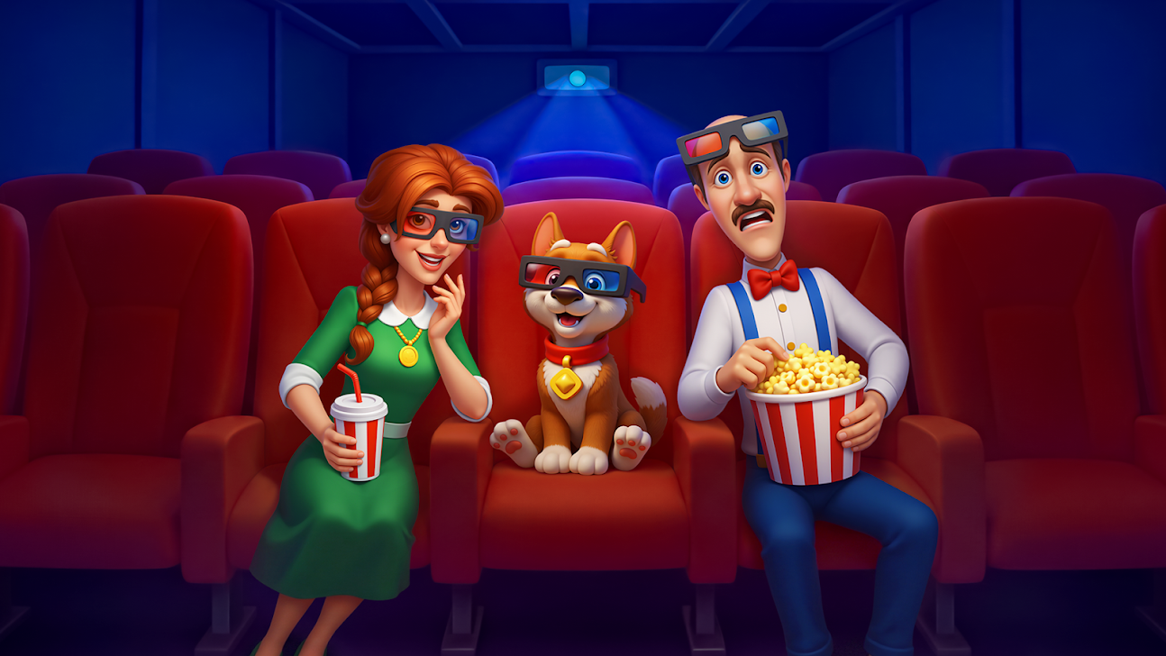 3Dメガネをかけた家族と愛犬が映画館で映画を楽しむイメージイラスト