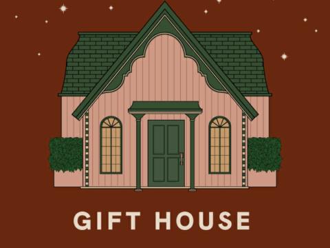 GIFT HOUSEの遊び方説明画面。タップでアイテムを選択、ダブルタップで詳細表示、アイテムの組み合わせ方を示す図解