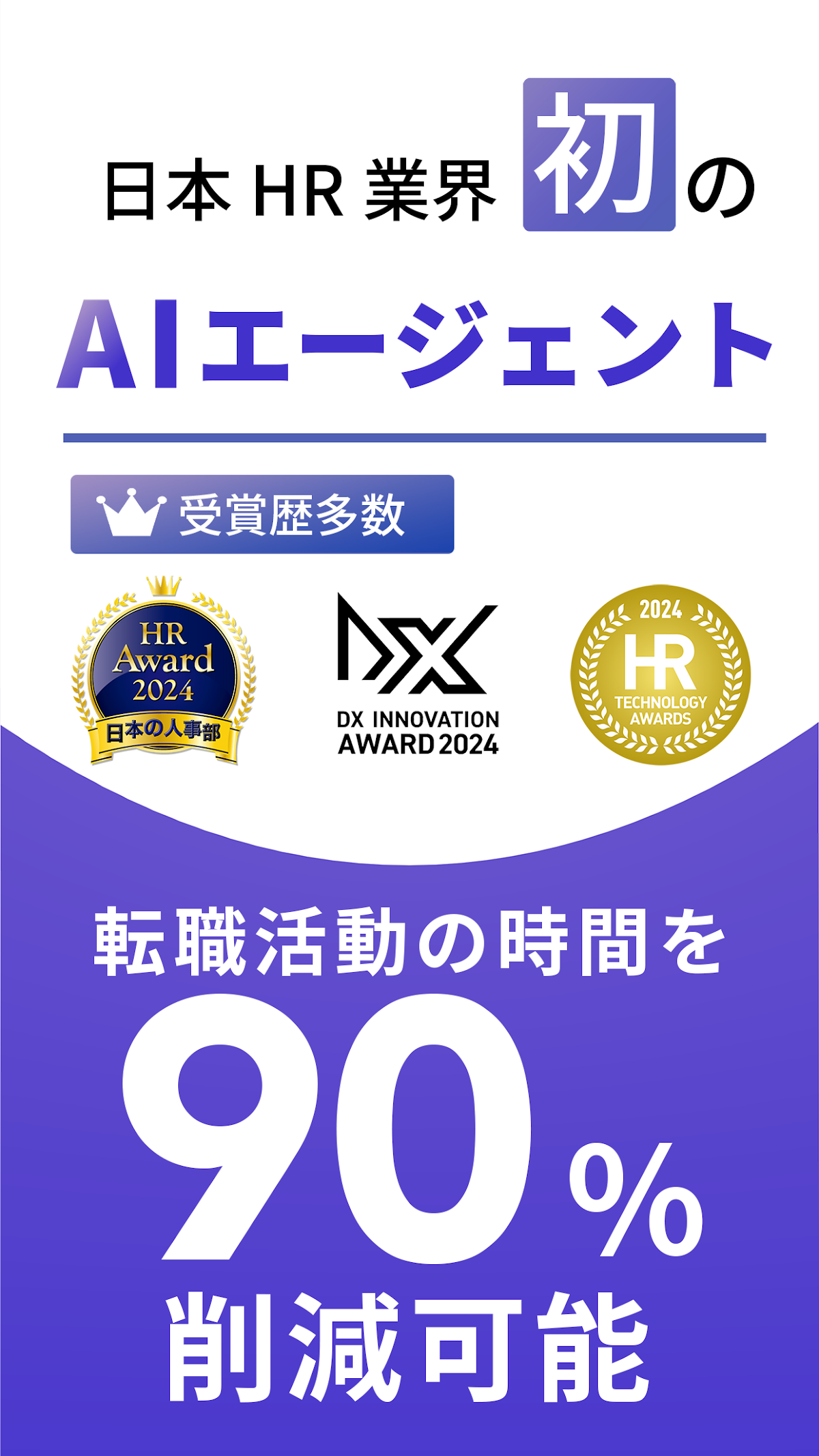 「日本HR業界初のAIエージェント」受賞歴（HR Award 2024等）と「転職活動の時間を90%削減可能」の訴求画面