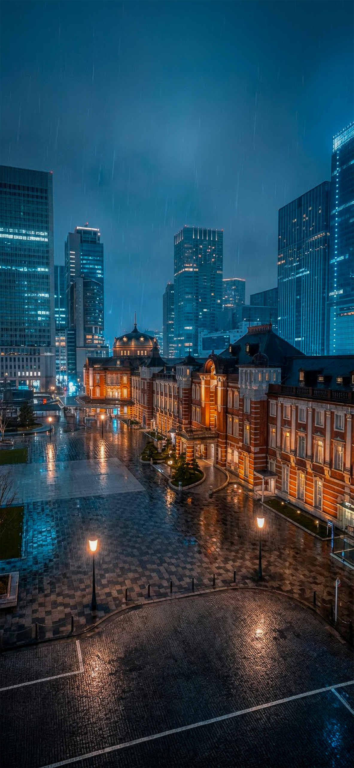 雨に濡れた夜の東京駅を再現したグラフィック