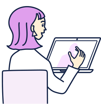 オンラインインタビューの案内イラスト。ノートパソコンの画面越しにインタビューを受ける人物が描かれている