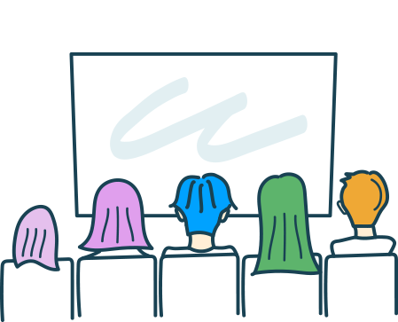 会場調査の案内イラスト。スクリーンの前に複数の参加者が並んで座っている