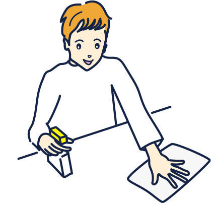 ホームユーステストの案内イラスト。自宅で商品を試している人物が描かれている