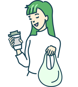 日記調査の案内イラスト。買い物袋とコーヒーを持つ人物が描かれている