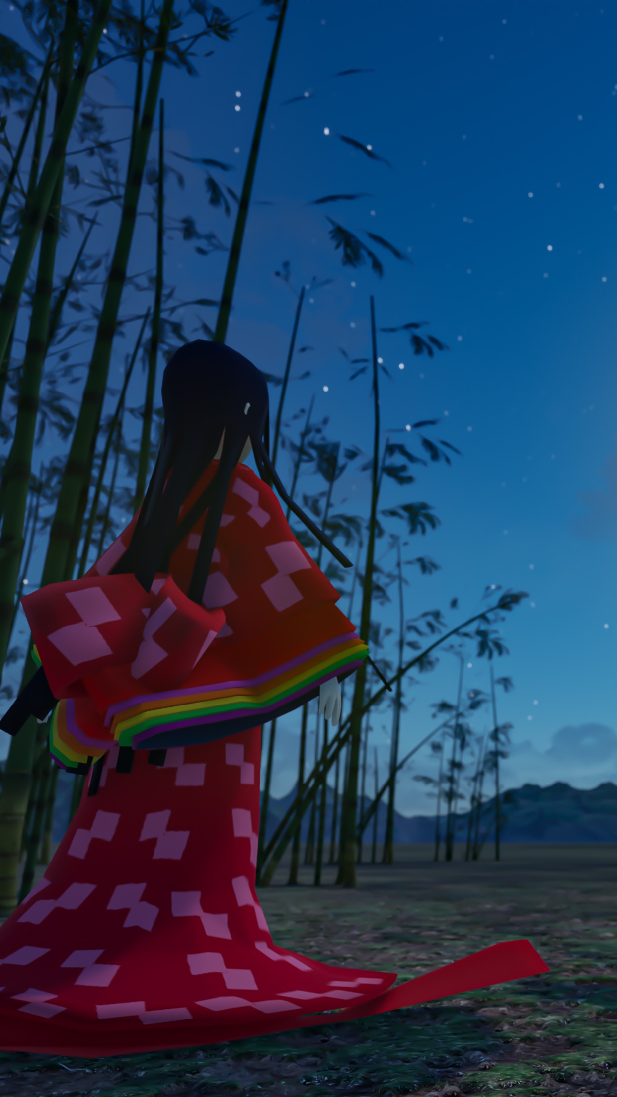 かぐや姫が竹林の中で夜空を見上げる幻想的なタイトル画面