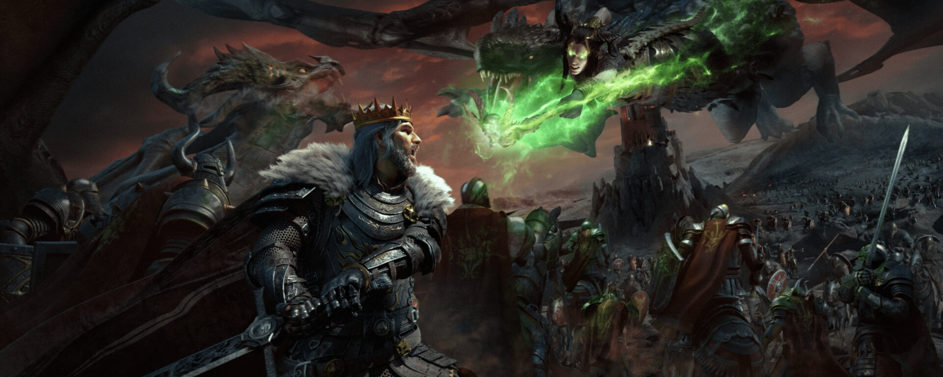 王とドラゴンに乗る敵将が対峙する公式キービジュアル