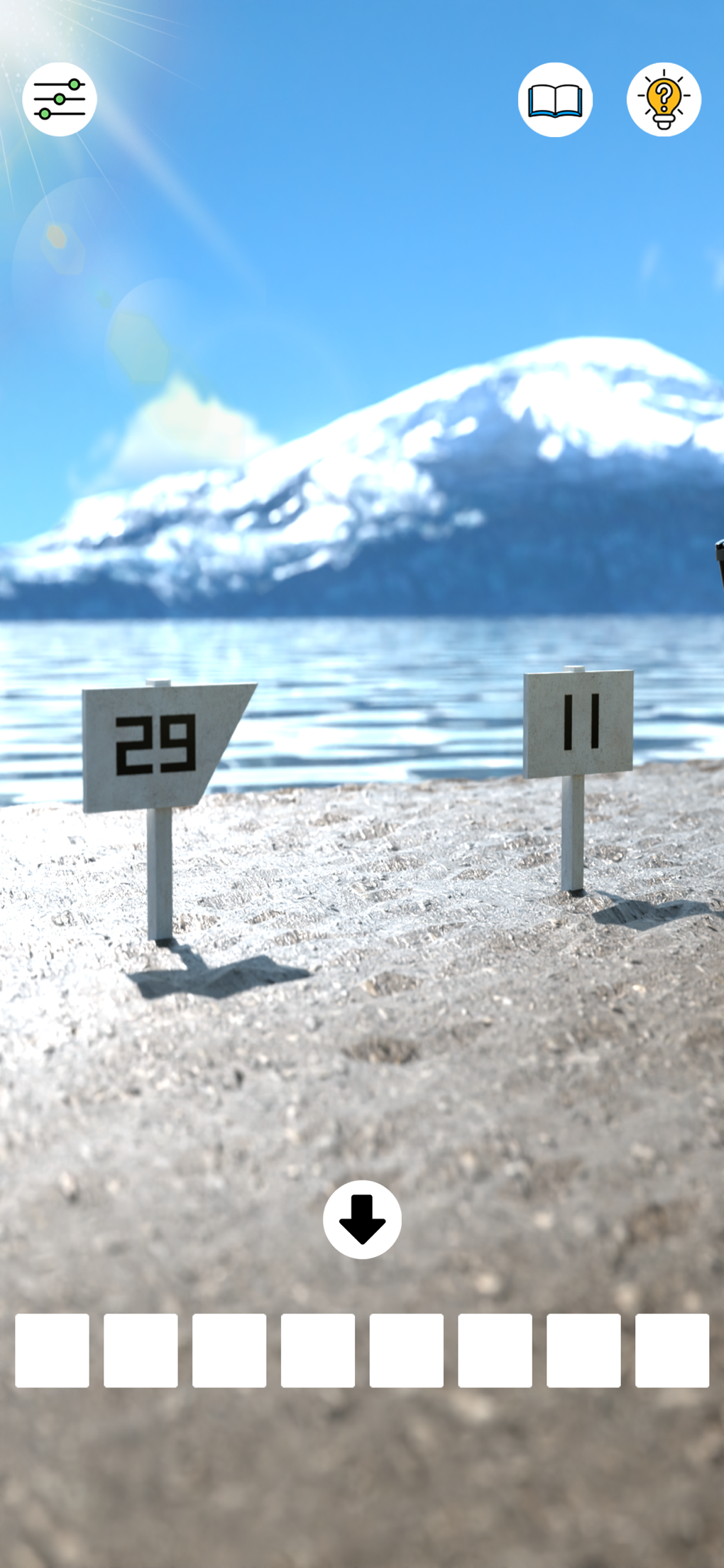 湖畔の砂浜に立つ「29」「11」と書かれた数字標識をタップして調べる謎解き画面