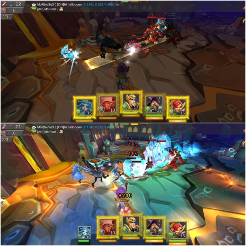 冒険モードでヒーロー部隊が敵と交戦するRPG風のバトル画面