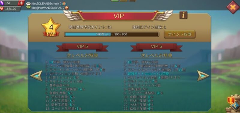 VIPレベルごとの特典一覧を確認するVIP画面