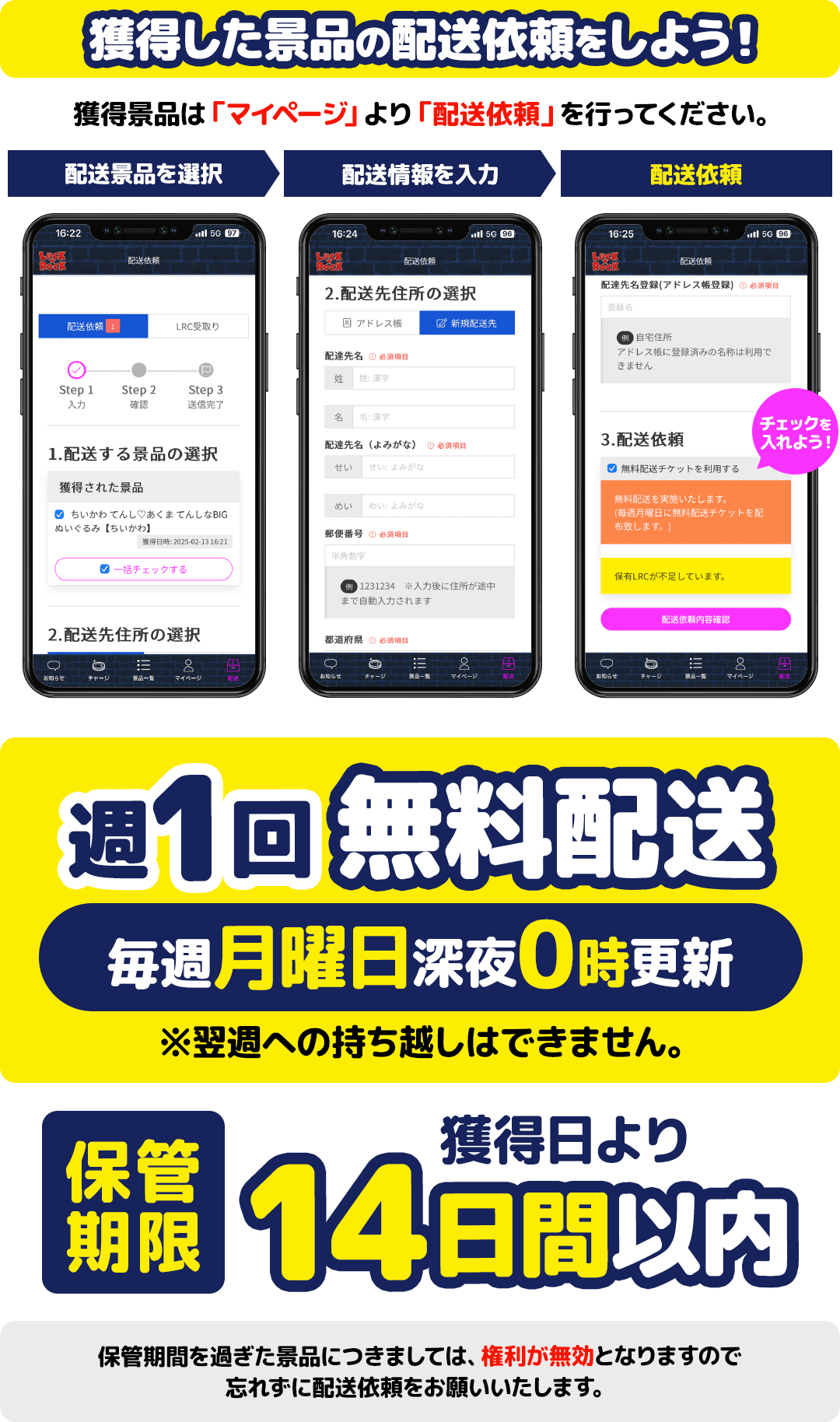 獲得した景品の配送依頼の3ステップ説明画面。週1回無料配送の案内