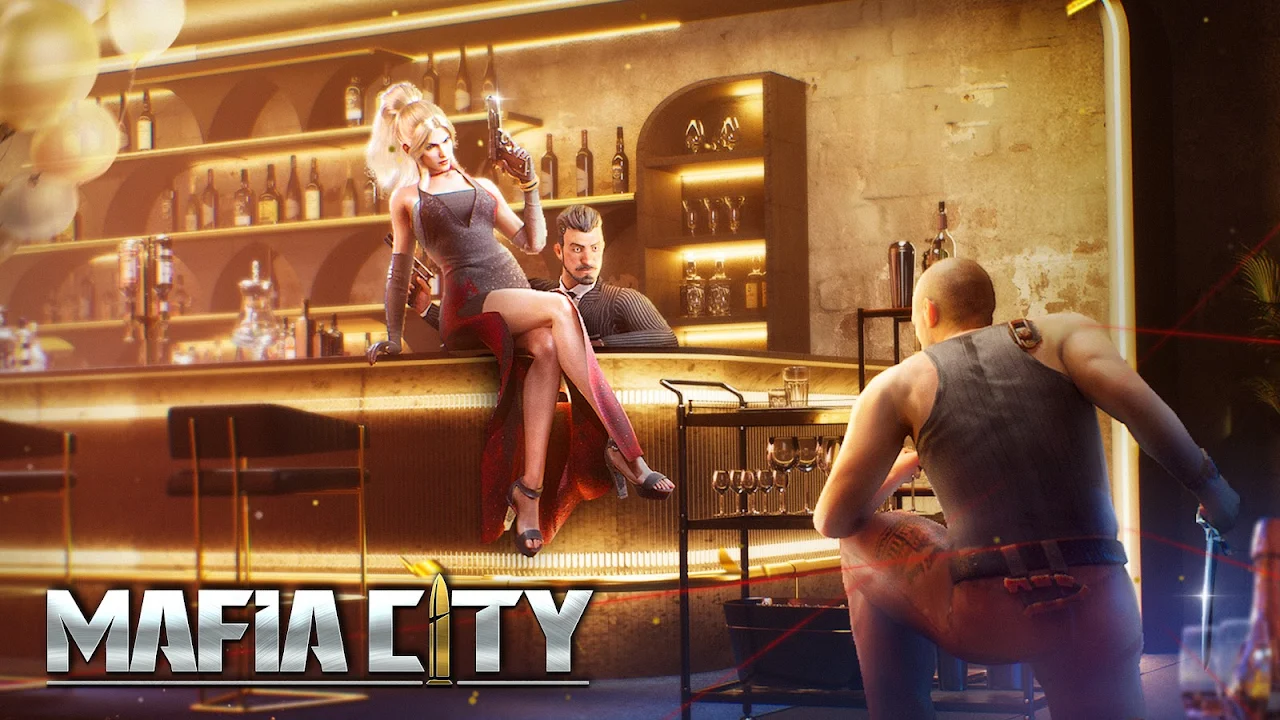 「MAFIA CITY」ロゴ入りのストーリー演出カット。バーのカウンターに腰掛け拳銃を構える女性キャラクターと、それを見上げる男性キャラクター