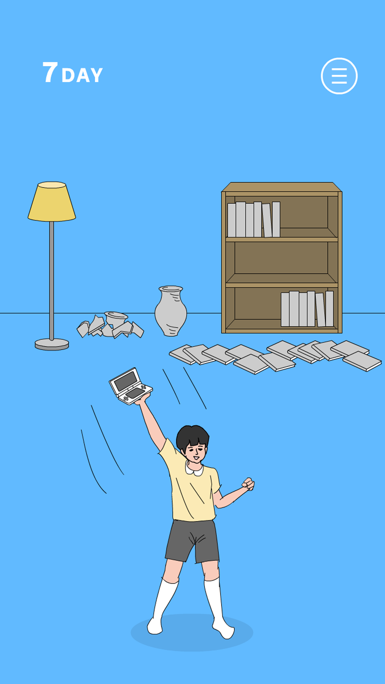 本棚の下で見つけたゲーム機を掲げて喜ぶ少年、崩れた壺と散らばった本